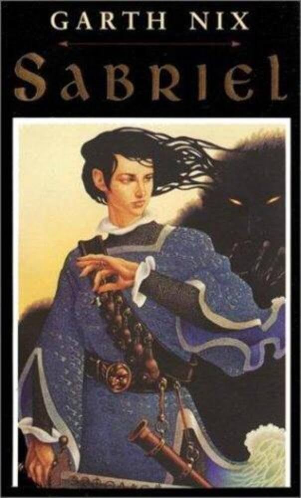 The cover of Garth Nix's novel SABRIEL. A young woman in chain mail with a blue surcoat embroidered with silver keys is holding a small bell in one hand and a sword inscribed with runes in the other. She has a bandolier of bells across her chest and a scabbard hanging from her belt. She is looking over her shoulder at a formless darkness out of which a wicked, grinning face and an outstretched claw can be seen. Her dark hair is flowing free in a wind.