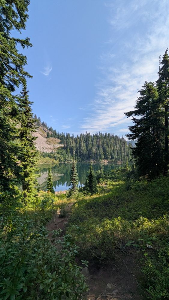 An alpine lake surrounded by lush greenery and evergreen trees. Blue sky above with a whisper of cloud. Dappled sunlight shines through the trees. 