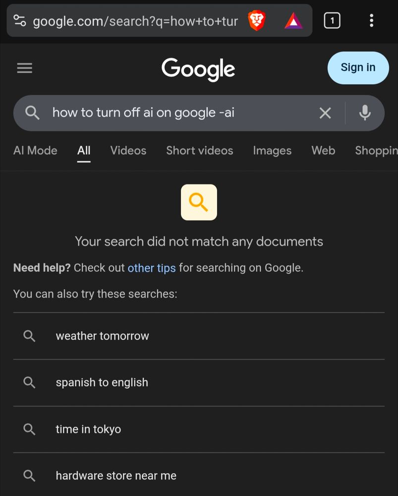 Image of a Google search adding -ai to the query and it showing no results for the query 