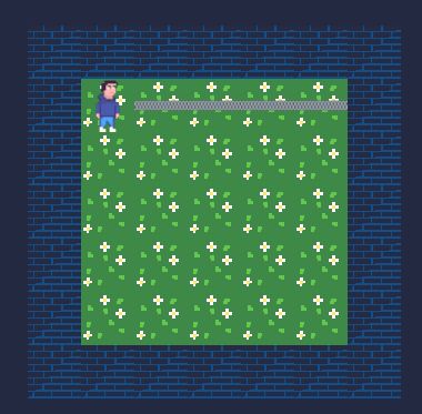 A blue background with a walled texture tile, with grass inner tiles. A player stands in the top left corner and a "chain" extending to the right from the player.