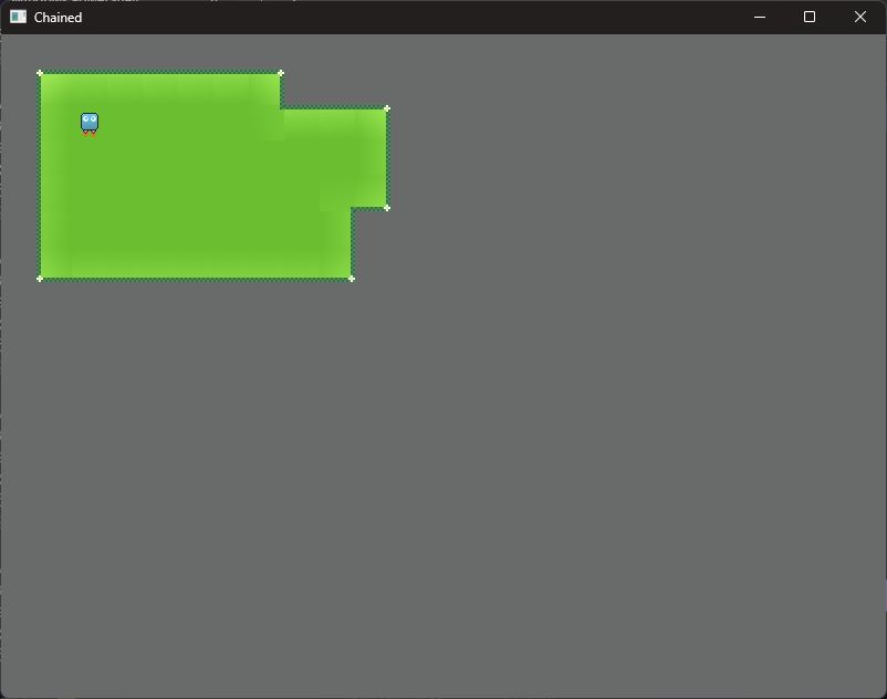 A Windows style window with a grey background. In the upp;er left corner is a mostly green set of tiles and a blue robot in it's upper left corner. The window has the title "Chained"