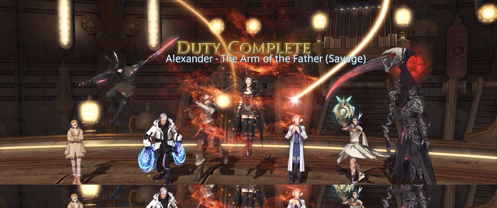 Image of 8 characters sharing victory poses with the text "Duty Complete Alexander - The Arm of the Father (Savage)" in the top center of the screen