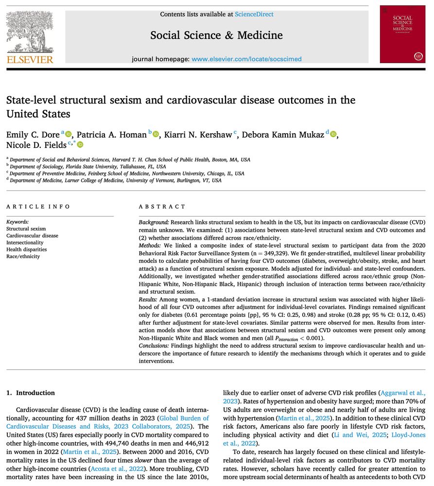 Image shows a screenshot of the first page of the article, State-Level Structural Sexism and Cardiovascular Disease Outcomes in the United States, published in Social Science & Medicine