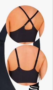 Screenshot of black bra from the back, with the straps connected in 2 ways: standard or crossing