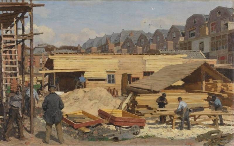 Central in the picture a large workshop made of wooden slats in front of which workmen are sawing planks. In the foreground a wheelbarrow upside down. On the left scaffolding and a ladder with more workmen; one carrying roof tiles on his shoulder. From top right to behind the workshop a row of houses.