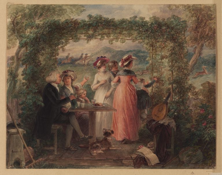 Man and woman sitting at a table in a garden with drinks and something to eat on the table. Standing are two females, one man and a child, all watching the hunt that can be seen in the background. Under the table a dog. In the foreground a musical instrument (mandoline?)and a (music?)book.