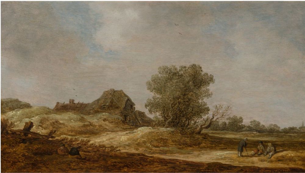 Dune landscape with low horizon. In the centre of the picture, an old farmhouse facing to the right with trees opposite the entrance. Two people sitting on the ground in the right foreground; one standing and leaning on a stick. Two more people sitting on the ground in the left foreground and two near the house. In the distance on the right a church tower.
