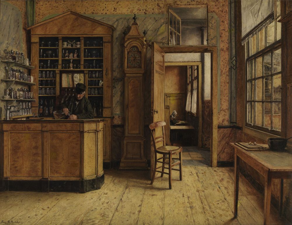 On the left, behind the bar, an old man is pouring a drink. On the left-hand wall shelves with glasses and eating utensils. Behind the man, an open cupboard with more glasses. Next to the cupboard a standing clock. On the right in the same room as the bar, a window and small table can be seen. Between the bar and the window a door which is propped open by a chair. In the back room which can be seen through the open door a woman is sitting at a table situated under a window.