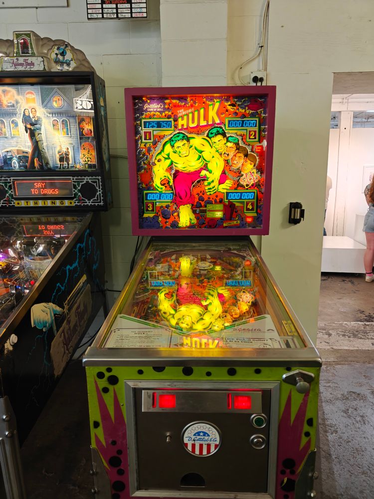 Photo of 1979 Hulk pinball machine in gallery space in East Vancouver 
