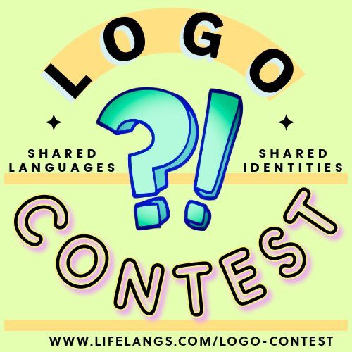 Call for a new logo (logo contest) with a big question mark and exclamation mark in the centre, with the project's details. On a green background with colourful and fun fonts. 