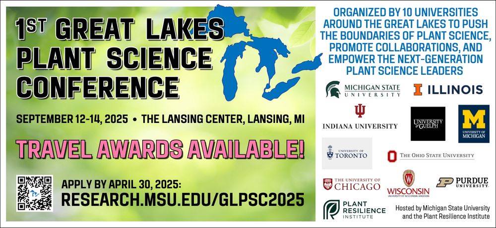 Great Lakes Plant Science Conference Graphic showing the Great Lakes and a QR code for info on applying for travel awards.