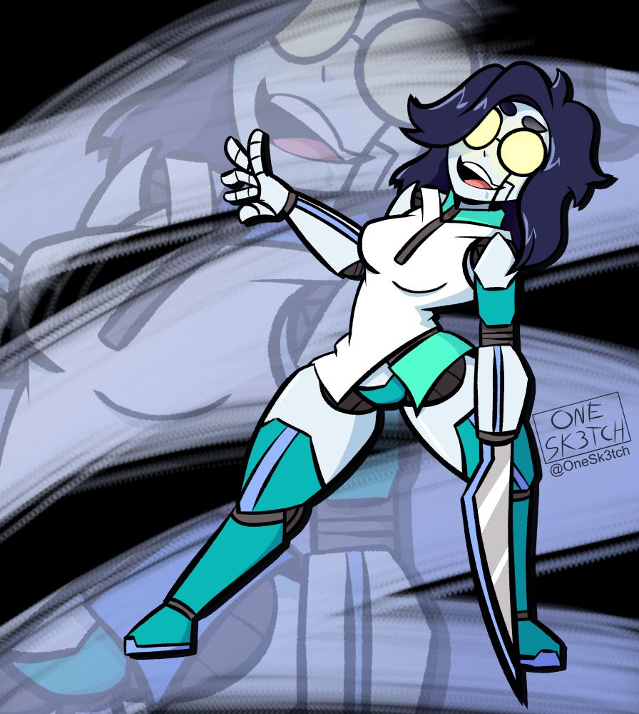 A cyborg monster hunter powered by a terrible AI, she has cybernetically enhanced limbs.