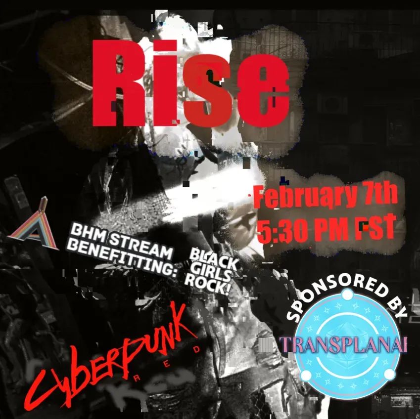 Promotional picture for Rise with show information. Show airs on Feb 7th at 5:30pm PST on the Apochromatic Unlimited twitch channel