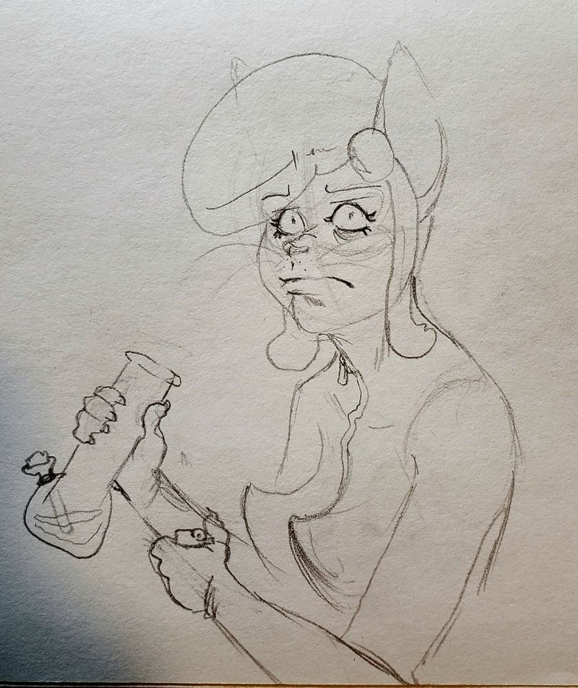 A rubber cat lady looks up, uncertain, while she is about to light a water pipe.