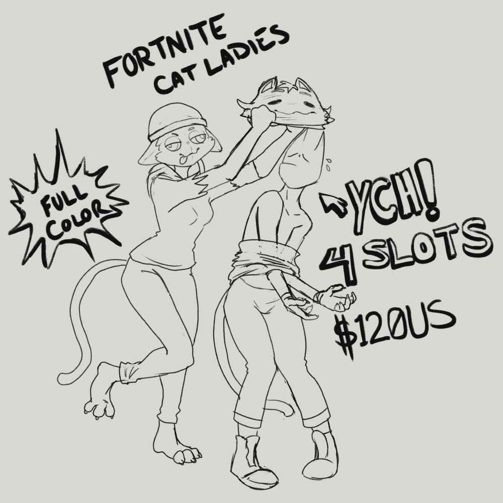 Advertisement for a Your Character Here image. It features someone in a Meow Skulls costume about to pull a Kate Meowdy mask down on another suited individuals head. 