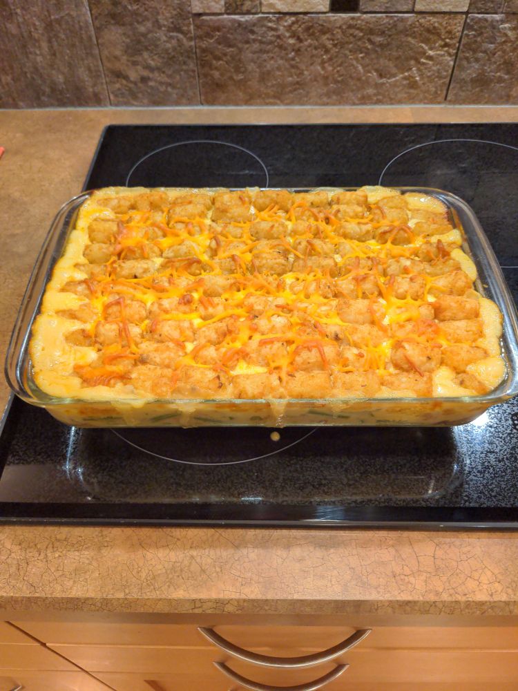 Tim Walz's Turkey Trot Tater Tot Hot Dish, fresh from the oven.