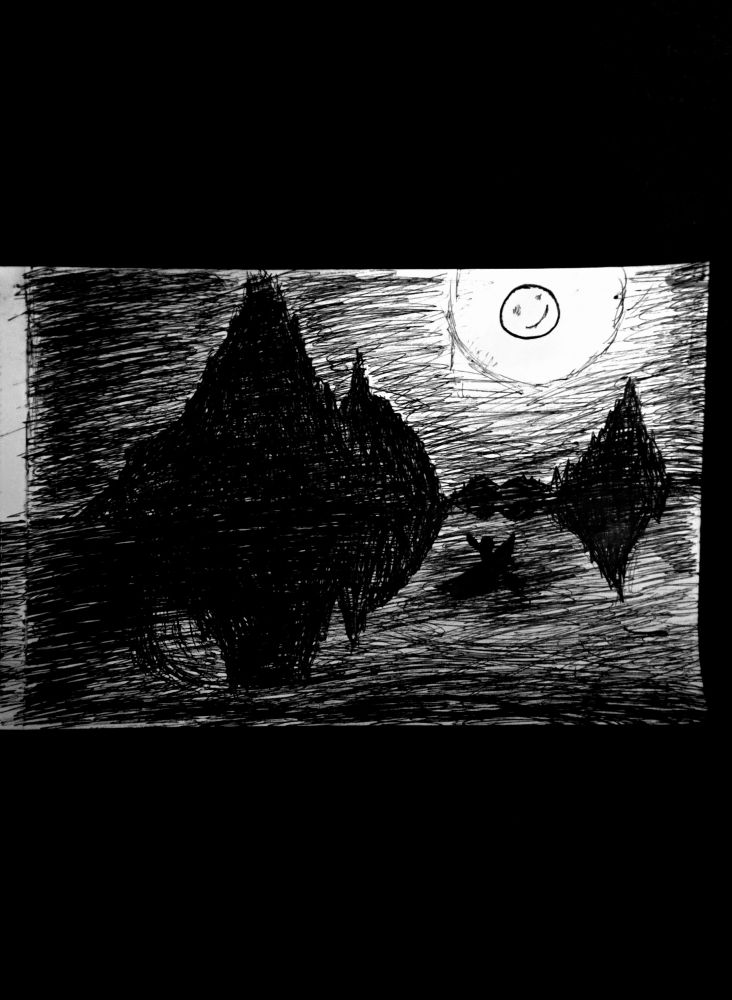 pen drawing on paper. mountainous landscape at night, reflecting on still waters. a lone silhouette paddles a kayak while a smiling moon glows above.