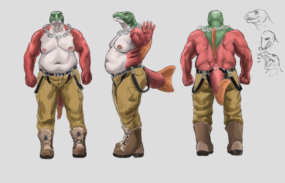 A fat salmon dude with no shirt wearing yellow pants with work boots, some fashion he’s got