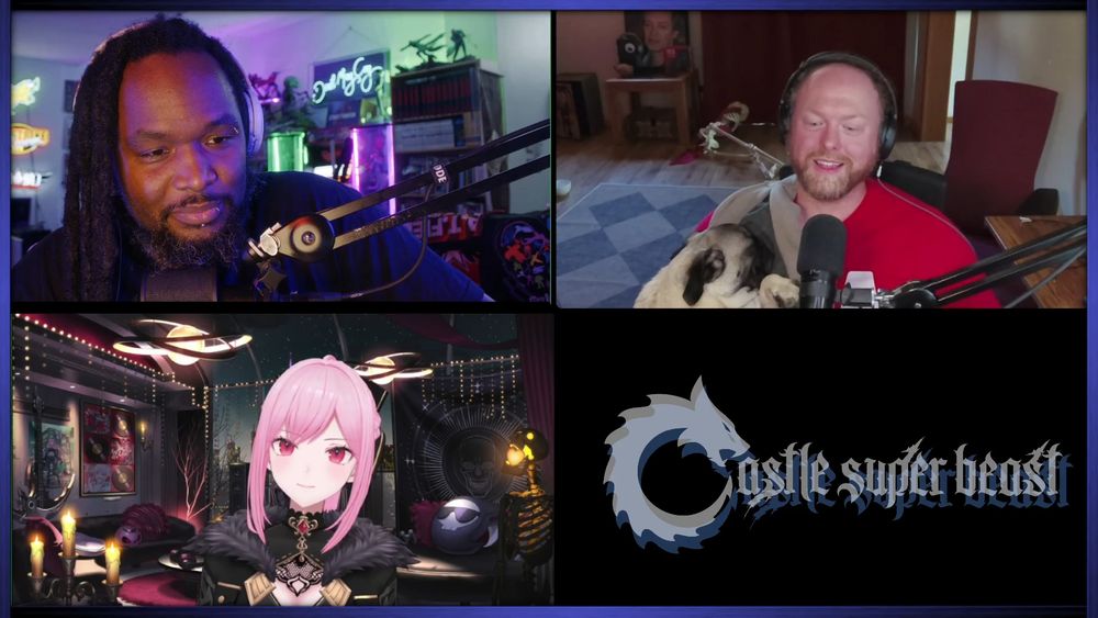 Woolie Versus in the top left corner, PatStaresAt in the top right corner, Mori Calliope in the bottom left corner, and the Castle Super Beast logo in the bottom right corner