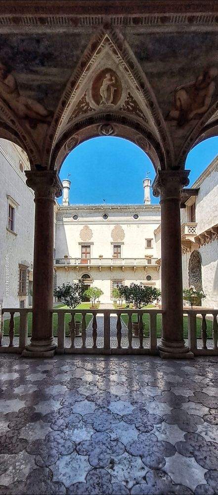 Nel Castello del Buonconsiglio di Trento, attraverso le colonne della Loggia Grande, di cui si intravedono parte degli affreschi di Girolamo da Romano detto il "Romanino" (1485-1566), si scorge il piccolo giardino pensile dell'annesso Cortile dei Leoni. Attraversando la balaustra della loggia, la luce proietta la sua ombra sul pavimento costituito da una tarsìa geometrica di marmo bianco e rosa.