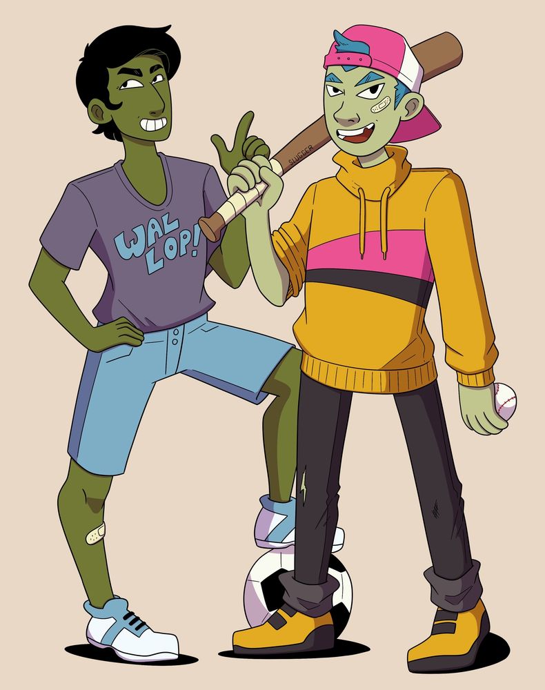 A digital illustration of two characters. The one on the left is standing with one foot on a soccer ball and wearing a t-shirt that says “Wallop.” The character on the right is holding a baseball bat that says “slugger” and holding a baseball in his other hand. He has a backward cap on. 