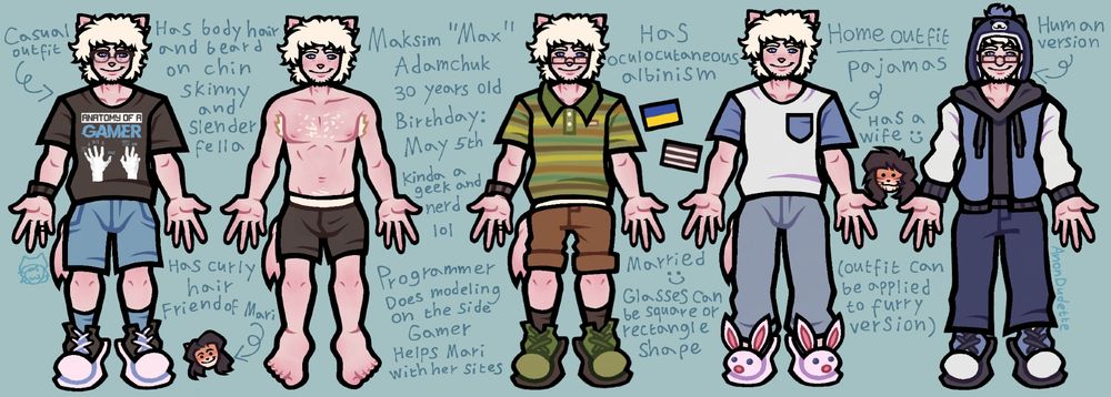 A drawing of my original character, Max, who is a cat in his furry form. He is a programmer and coder. He has albinism and he has the type which affects his whole appearance. He is straight and he is in a relationship (marriage) with Alice (brunette gal with bangs on hair and orange + white fur and black stripes on her face). Max is a masculine fella in terms of fashion, but he can dress feminine for photoshoots and such. Max is Alice's wife and also Mari's friend (the orange-white furred gal with black wavy hair). He tries his best to support them and be nice in general. In his free time, he likes to play video games and he is curious and interested in various genres and aspects of the gaming community. The art and OC belongs to me (AnonDudette) and it was made on IbisPaint X.