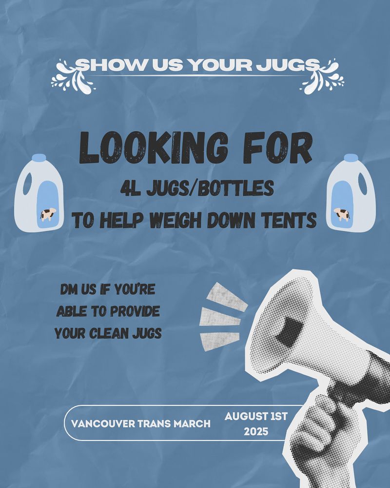 Poster depicting 2 milk jugs and a megaphone, and the following text:

Show us your jugs!

Looking for 4L jugs/bottles to help weigh down tents.

DM us if you're able to provide your clean jugs.