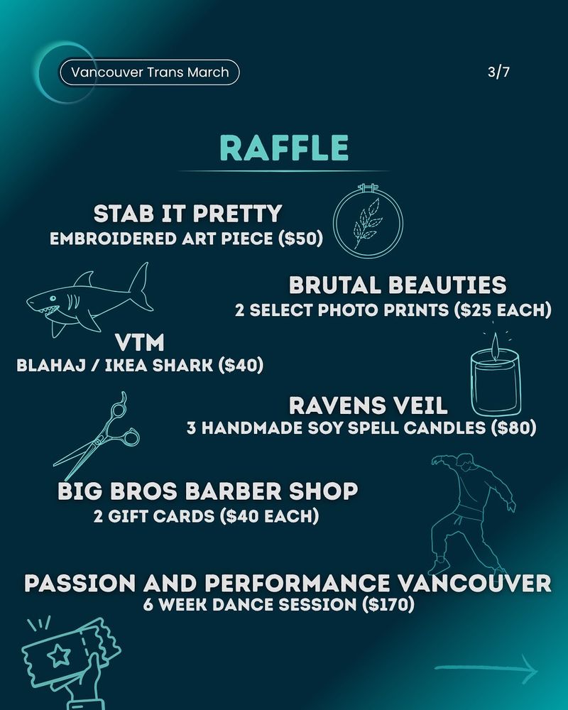 Poster featuring outlines of embroidery work, the Blahaj shark, a candle, scissors, a dancer and ticket, with the following text:

Raffle! 
Stab it pretty (emboidered art piece $50), Brutal Beuaties (2 select photo prints, $25 each), VTM Blahaj / Ikea Shark ($40), Ravens Veil (3 handmade soy spell candles $80), Big Bros Barber Shop (2 gift cards, $40 each), Passion and Performance Vancouver (6 week dance session, $170)
