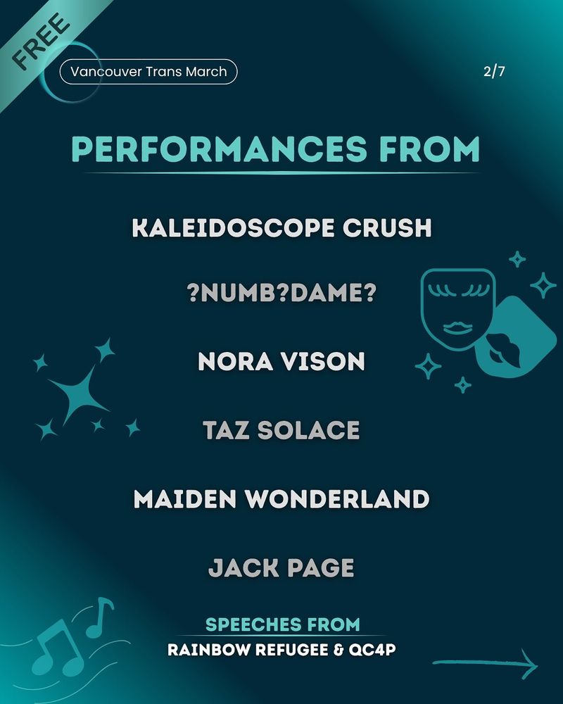 Poster featuring an sparkles, theatrical masks and musical notes with the following text:

Performance from Kaleidoscope Crush, "?NUMB?DAME?", Nora Vision, Taz Solace, Maiden WOnderland, Jack Page. Speeches from Rainbow Refugee & QC4P