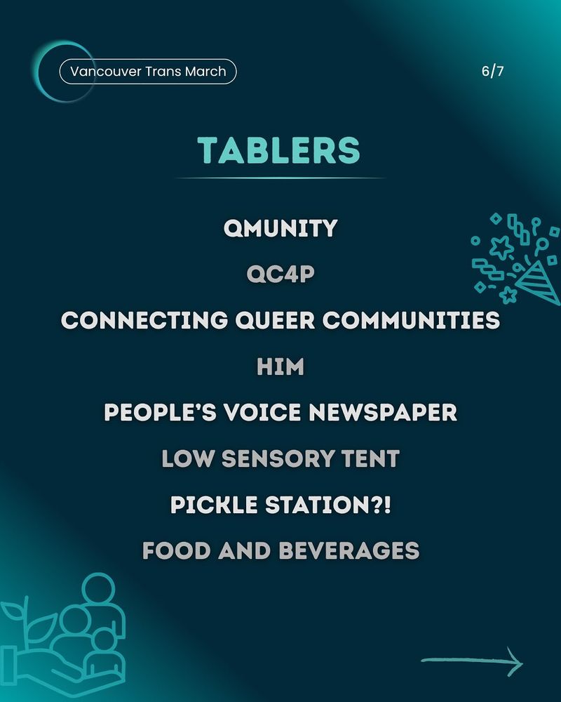 Poster featuring an outline party kazoos and a hand holding people and plants, trees with the following text:

TABLERS: Qmunity, QC4P, Connecting Queer Communities, HIM, People's Voice Newspaper, low sensory tent, pickle station (?!), food and bevarages