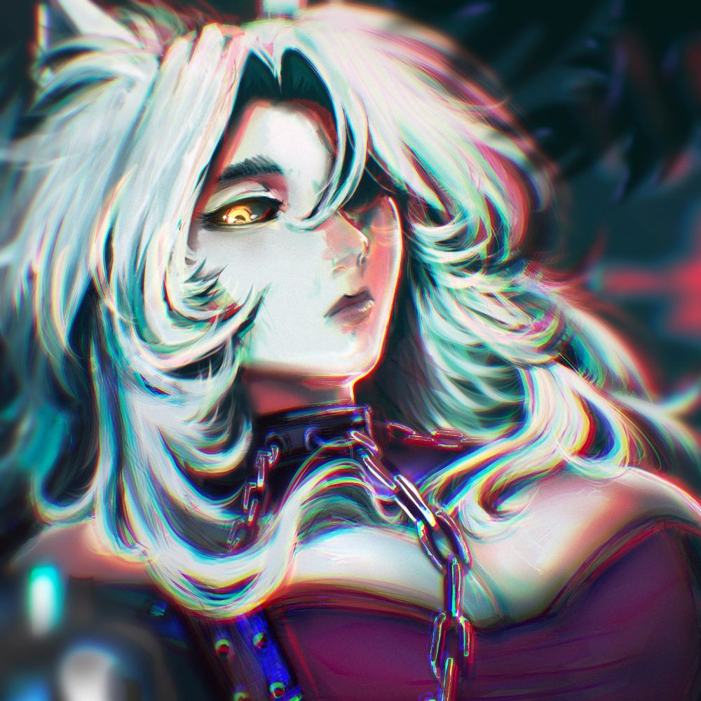 🔏

Portrait Illustration of a woman with wolf ears gazing down towards the viewer. She has pale skin, yellow eyes with black sclera, and white hair that is choppy and layered to frame her face.