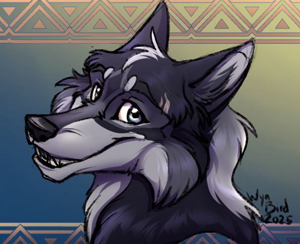 A grinning grey wolf with dark agouti-patterned fur and blue eyes