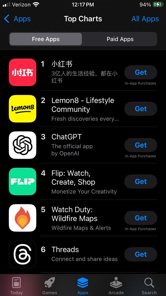 Screenshot of Apple App Store Top Free apps: 1. in Chinese, Xiaohongshu or Little Red Book, 2. Lemon8, 4. Flip, 6. Threads