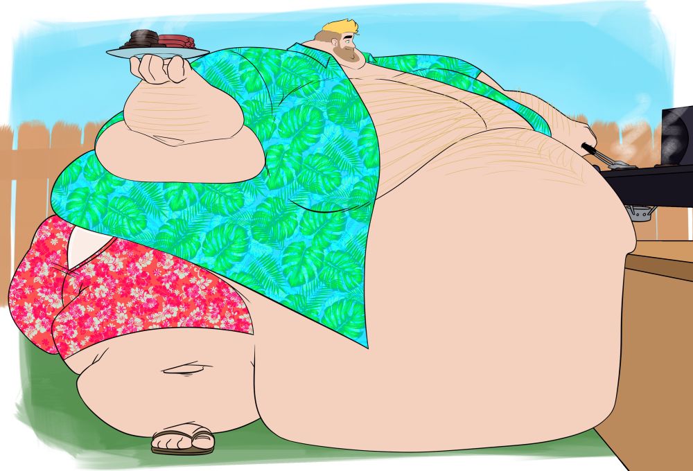 this version is his main pool side attire: a big (under-sized) green Hawaiian pattern open button-up, red patterned swim shorts, and flip-flops