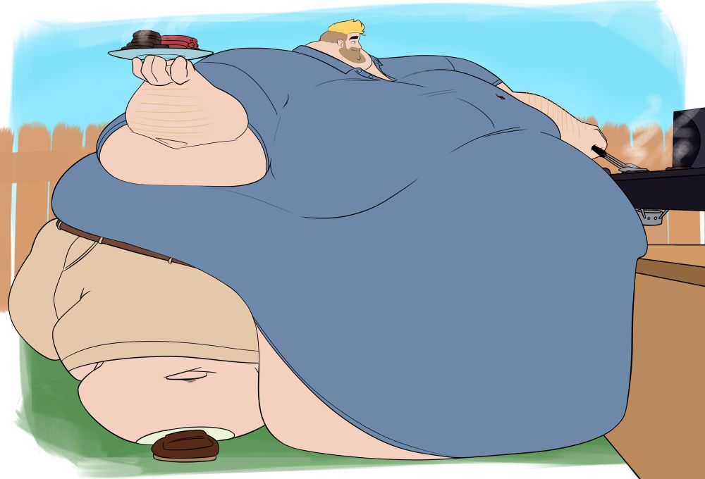 Mike preparing burgers and hotdogs for the fam (and himself) on a clear day. He's sporting classic suburban dad attire: a nice short sleeve shirt and some kaki shorts, along with some loafers. He's playing a little dangerous grilling without an apron oop