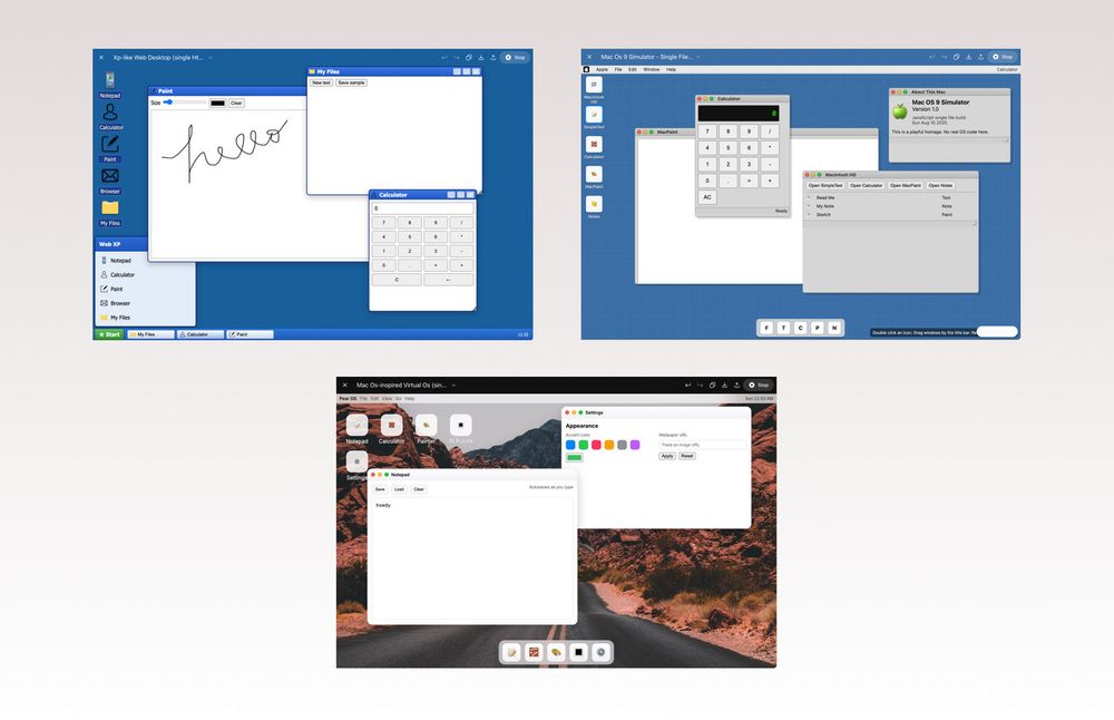 Auto-generated description: Three different computer interface designs are displayed, showcasing various desktop environments with applications such as a drawing pad, calculator, and system settings.