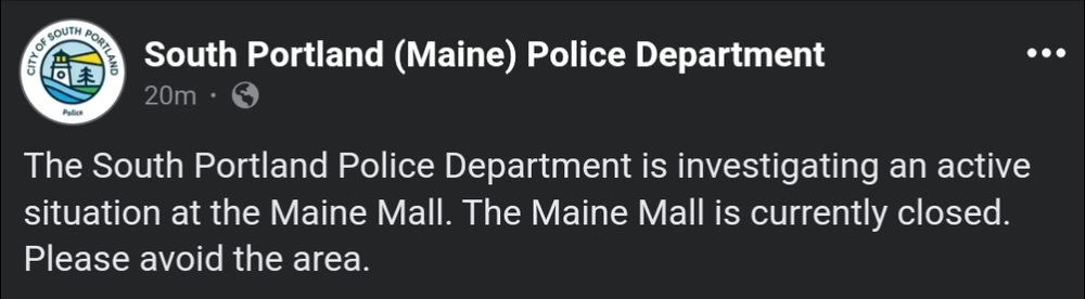 Screenshot from South Portland Maine police department indicating an active shooter situation at the Maine Mall in South Portland, Maine 