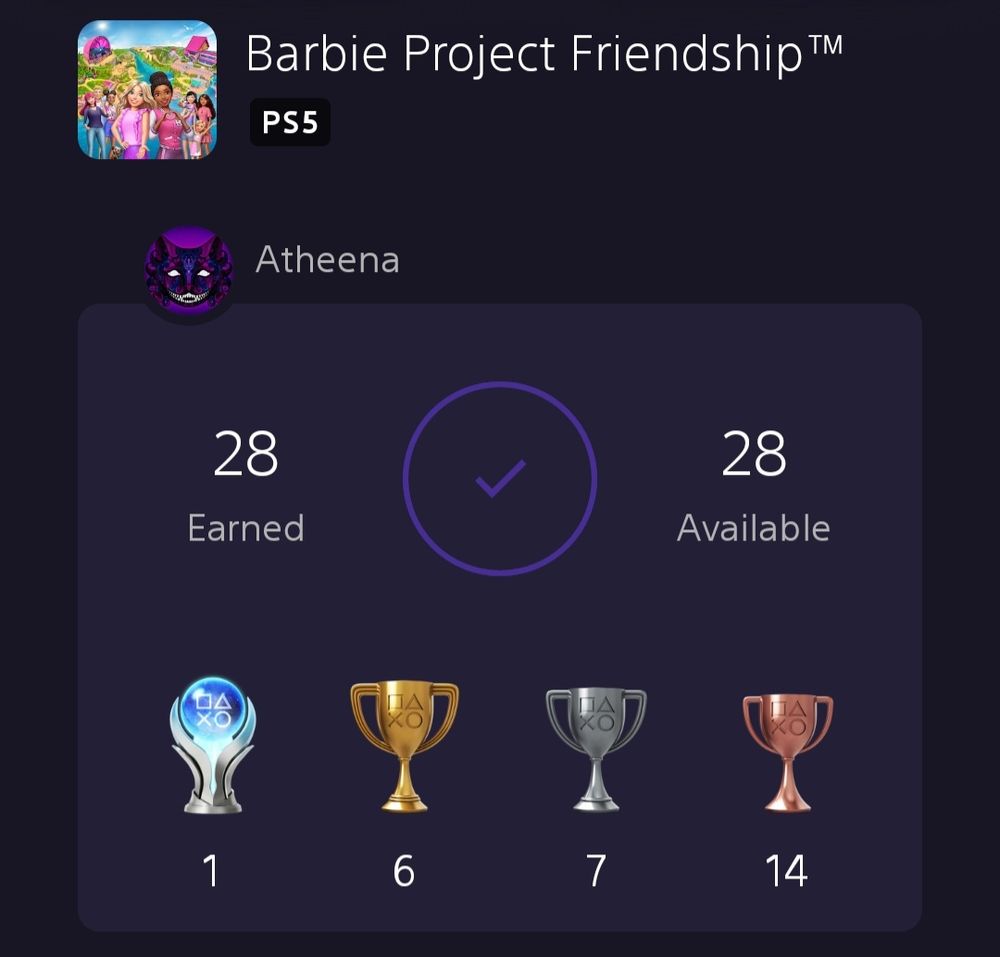 A screenshot taken from the Playstation app reveals all obtained trophies for the game Barbie Project Friendship.