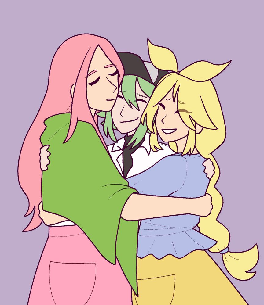 Anthea, Concordia, and N from Pokemon Black and White giving each other a hug