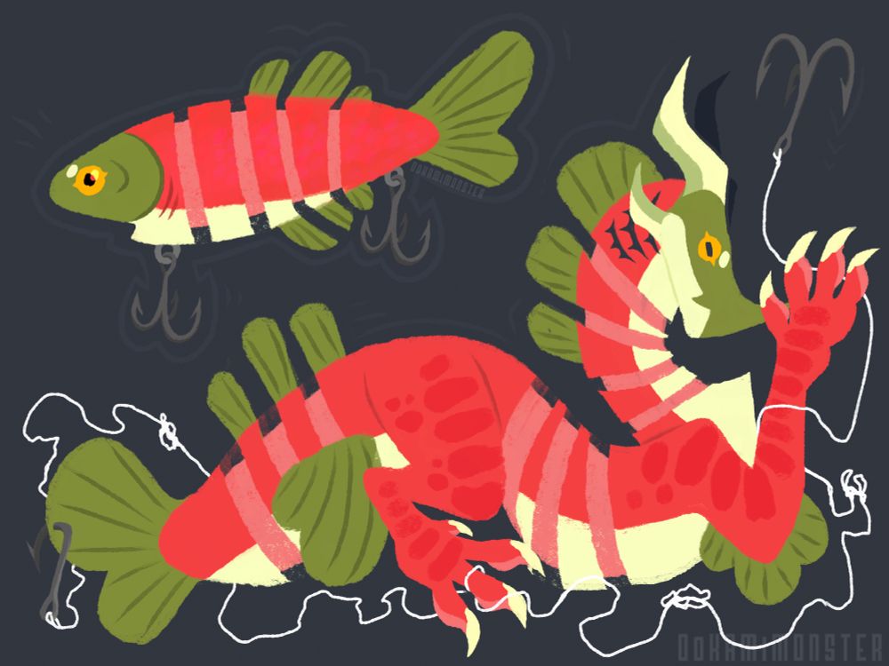 a stylised image of a salmon-coloured (pink and green) fishing lure with hooks and a fish-dragon with matching colouration. The dragon is tangled up in fishing twine with hooks and has a segmented body just like the lure. 