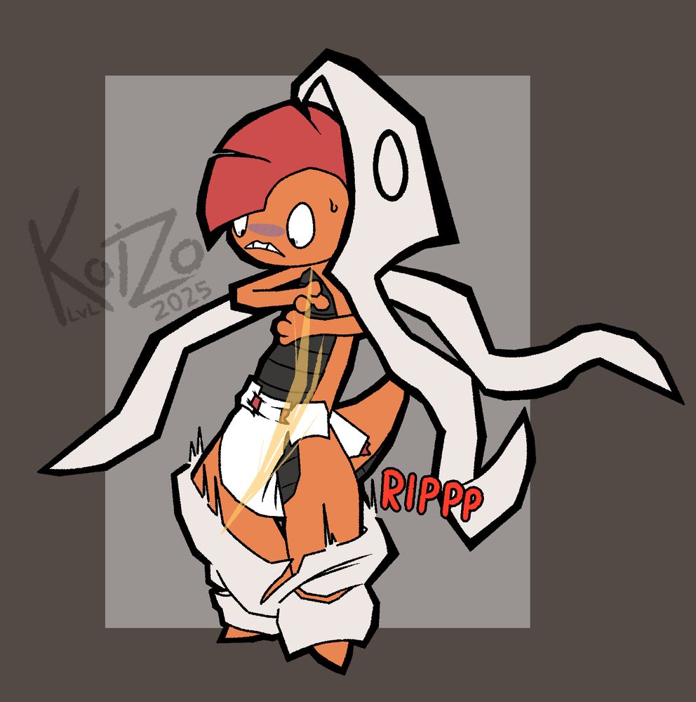 mega scrafty holds its arms up defensively as if to block an incoming attack, only for the attack to hit much lower, slashing through its pants and causing them to fall down, as well as cutting the tape holding the left wing of its diaper shut, making it fall open. it looks down at the impact with a horrified expression, otherwise unharmed