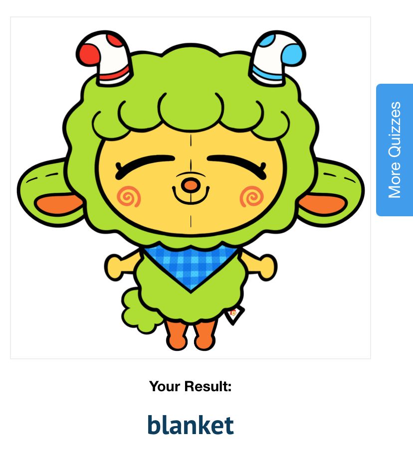 A green plushie lamb with socks for horns. Text reads: "Your result: blanket"