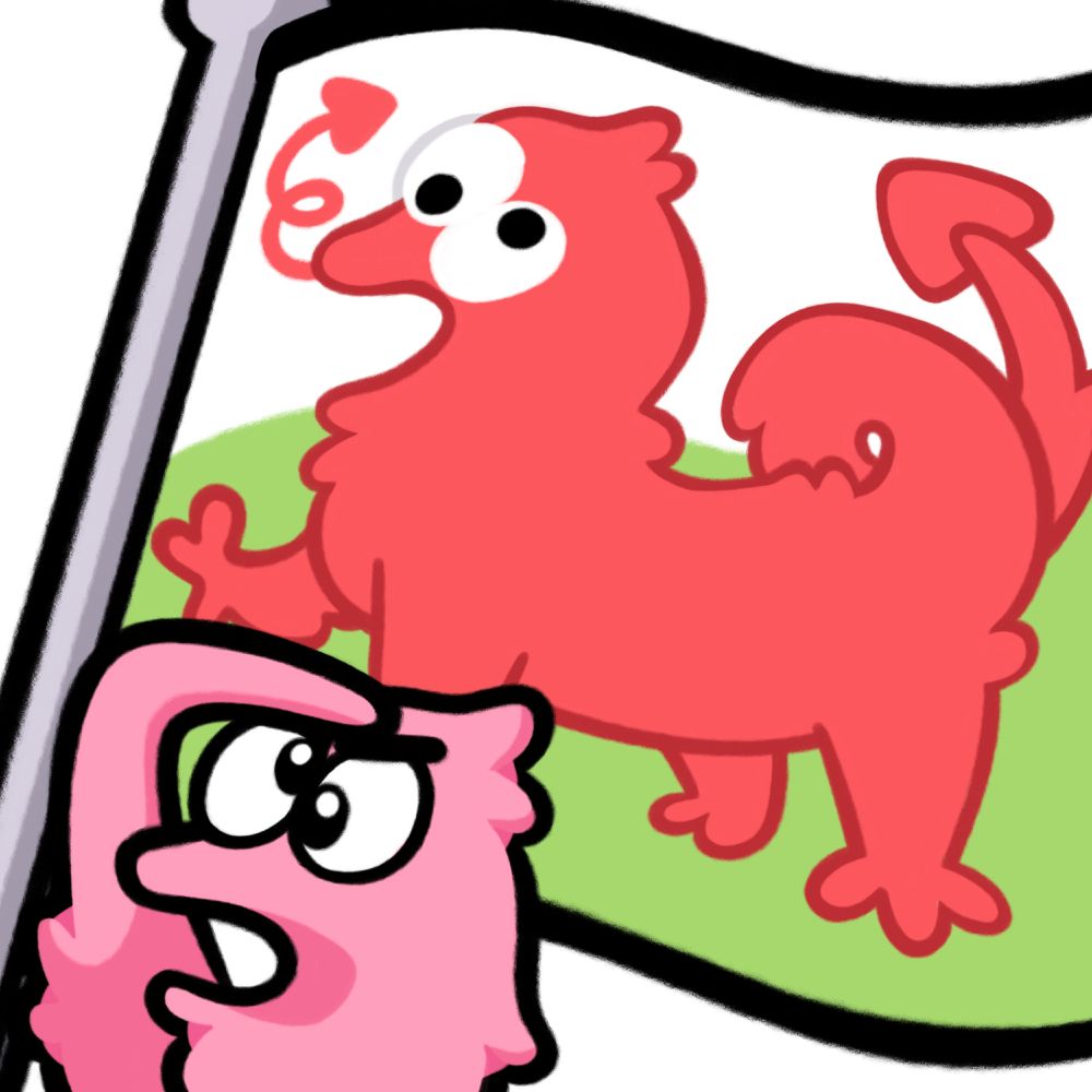 An illustration of a sqwyrmle (a worm on a string) saluting in front of the Welsh flag, but the usual red dragon has been placed by a red, four-legged sqwyrmle.