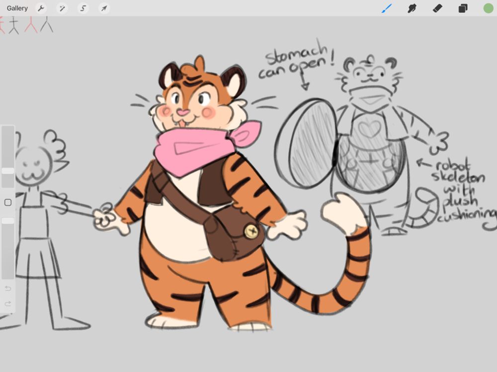 A sketch of an anthropomorphised tiger character wearing a pink bandana around its neck. A sketch on the right shows that the character can open its stomach, and inside is a metal, robotic skeleton.