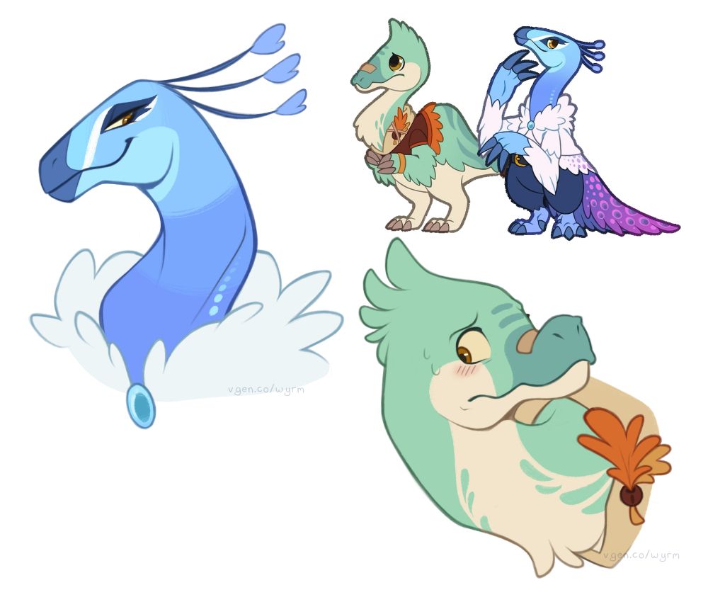 Two headshot illustrations of characters from Amber Isle. The top left is Gale, a blue therizinosaurus with a smug, confident expression, and the bottom right is Evander, a teal deinocheirus with a nervous expression.
In the top right is the official game art of Gale and Evander.
