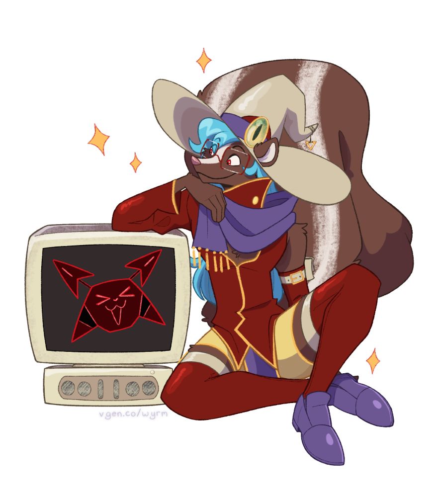 An illustration of an anthropomorphic skunk character dressed in a red, purple, and yellow wizard outfit, wearing a large, beige witch hat. They are sitting on the floor with crossed legs, and their elbow rests on a beige, blocky computer monitor on the floor, on the screen of which is a red, cat-like face smiling. Illustrated by wyrmonastring.