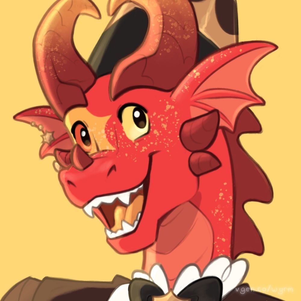 An illustration of a red Dragonborn - a humanoid species with the head and scales of a dragon - drawn from the shoulders up. He looks to the right with an open-mouth smile. His red scales are dappled with golden freckles, and his right eye is orange and surrounded by golden scales in the shape of a sun.