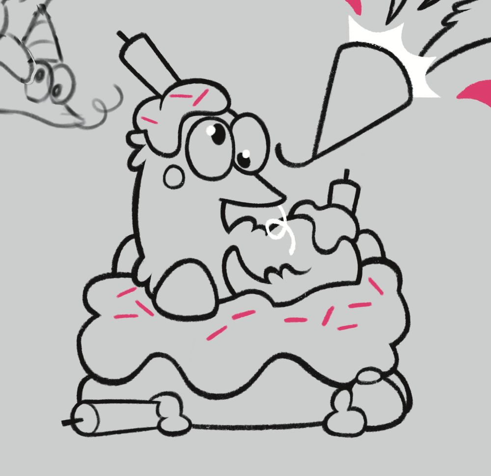An illustration of a sqwyrmle (a worm on a string) sitting atop an icing-covered cake. The sqwyrmle itself is splattered in icing, with a candle perched atop its head, looking like its ready to fall.