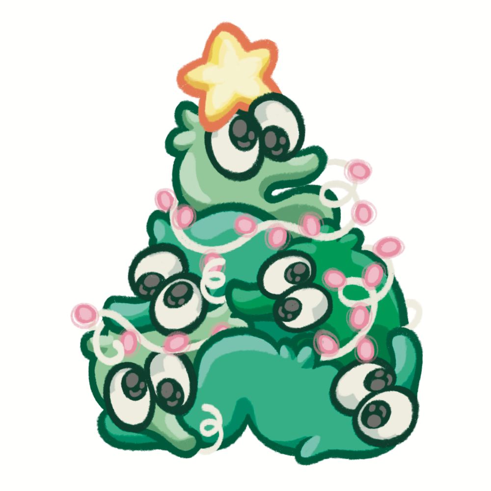 An illustration of five green sqwyrmles (worms on strings) with large googly eyes, piled on top of each other to resemble a Christmas tree. They are decked with white and pink string lights, and a yellow star sits atop the top-most sqwyrmle's head.