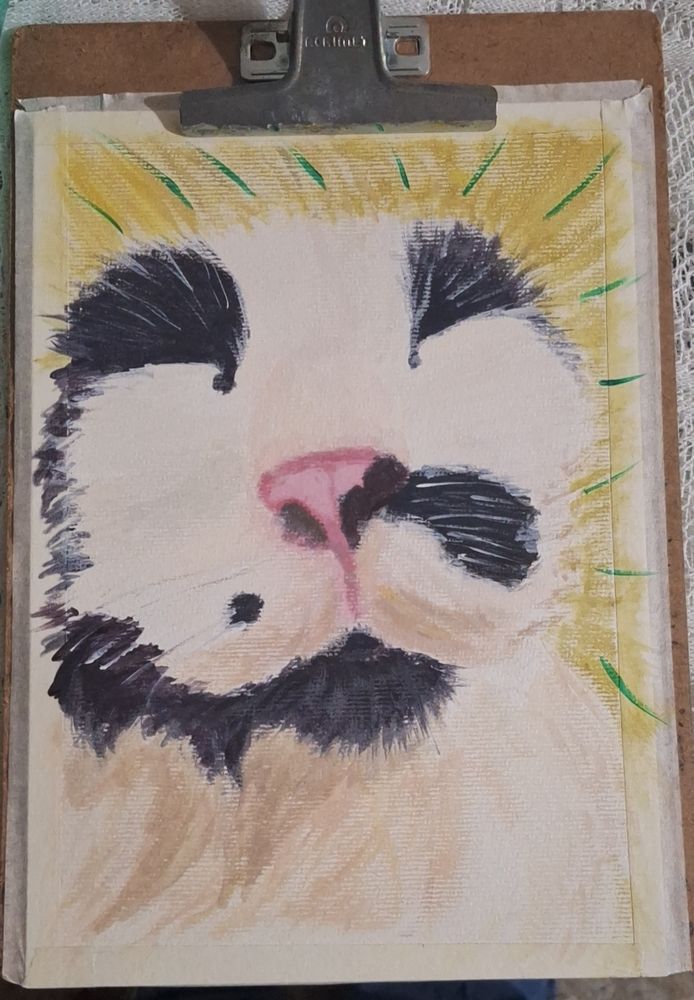 rosto de um gato frajola pintado a guache com fundo amarelo e traços verdes